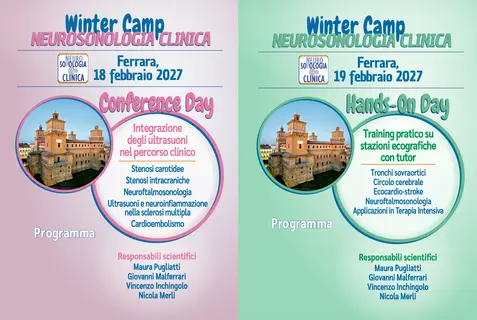Le due locandine del Winter Camp 2027 affiancate: Conference Day del 18 febbraio e Hands-On Day del 19 febbraio 2027, Ferrara, con il Castello Estense e i responsabili scientifici